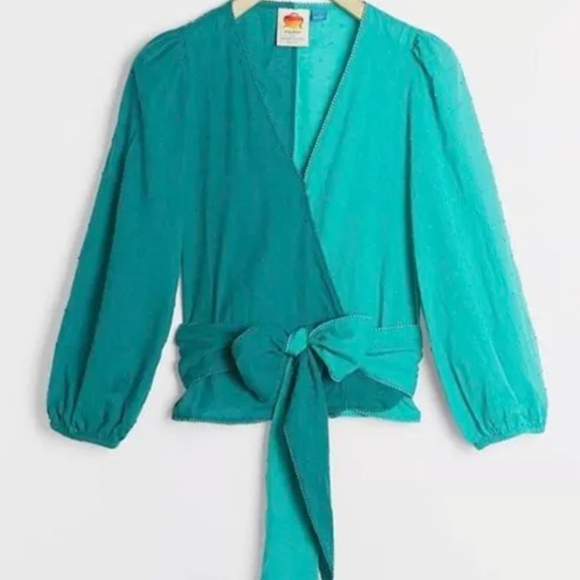 Farm Rio Anthropologie Color Block Teal Swiss Dot Wrap‎ Blouse - Picture 14 of 16